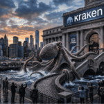 Edificio de la bolsa con cartel de "Kraken IPO" y luces azules corporativas al atardecer.