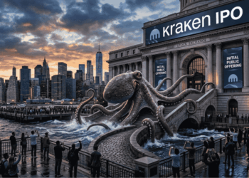 Edificio de la bolsa con cartel de "Kraken IPO" y luces azules corporativas al atardecer.