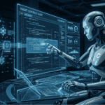 Imagen de un robot humanoide sentado en una oficina tecnológica, analizando en una pantalla holográfica un contrato inteligente para buscar vulnerabilidades, con la colaboración de otros auditores humanos.