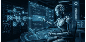 Imagen de un robot humanoide sentado en una oficina tecnológica, analizando en una pantalla holográfica un contrato inteligente para buscar vulnerabilidades, con la colaboración de otros auditores humanos.