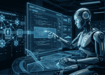 Imagen de un robot humanoide sentado en una oficina tecnológica, analizando en una pantalla holográfica un contrato inteligente para buscar vulnerabilidades, con la colaboración de otros auditores humanos.