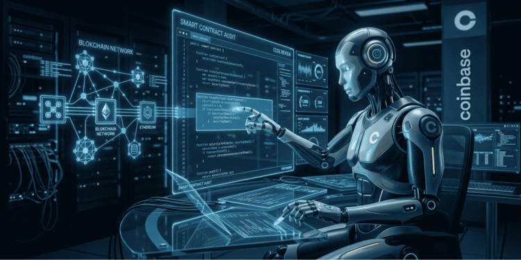 Imagen de un robot humanoide sentado en una oficina tecnológica, analizando en una pantalla holográfica un contrato inteligente para buscar vulnerabilidades, con la colaboración de otros auditores humanos.