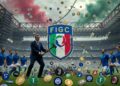 Un escudo de la federación italiana es golpeado con un martillo mientras se ven jugadores, dólares criptomonedas y logos de equipos de fútbol