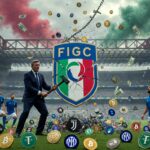 Un escudo de la federación italiana es golpeado con un martillo mientras se ven jugadores, dólares criptomonedas y logos de equipos de fútbol