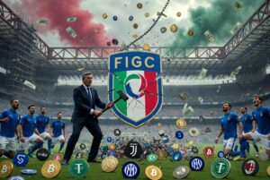Un escudo de la federaciรณn italiana es golpeado con un martillo mientras se ven jugadores, dรณlares criptomonedas y logos de equipos de fรบtbol