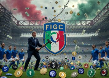 Un escudo de la federación italiana es golpeado con un martillo mientras se ven jugadores, dólares criptomonedas y logos de equipos de fútbol