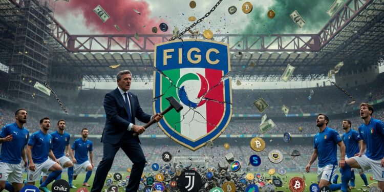 Un escudo de la federación italiana es golpeado con un martillo mientras se ven jugadores, dólares criptomonedas y logos de equipos de fútbol