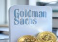 Logotipo de Goldman Sachs acompaรฑado de varias monedas doradas fรญsicas de bitcoin.