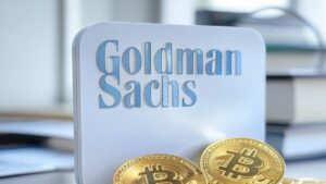 Logotipo de Goldman Sachs acompañado de varias monedas doradas físicas de bitcoin.