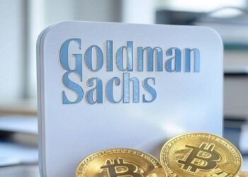 Logotipo de Goldman Sachs acompañado de varias monedas doradas físicas de bitcoin.
