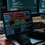 Hacker con capucha frente a una laptop mostrando una alerta roja de frase semilla comprometida y robo de fondos de una billetera de Bitcoin.