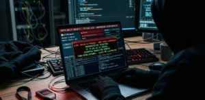 Hacker con capucha frente a una laptop mostrando una alerta roja de frase semilla comprometida y robo de fondos de una billetera de Bitcoin.
