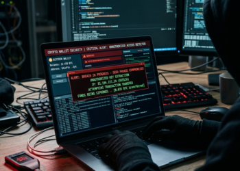 Hacker con capucha frente a una laptop mostrando una alerta roja de frase semilla comprometida y robo de fondos de una billetera de Bitcoin.