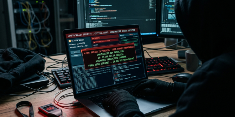 Hacker con capucha frente a una laptop mostrando una alerta roja de frase semilla comprometida y robo de fondos de una billetera de Bitcoin.