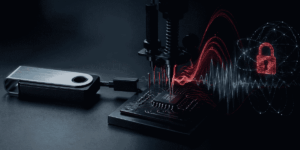 Una hardware wallet siendo atacada por un ataque de canal lateral.