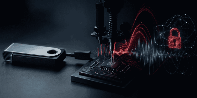 Una hardware wallet siendo atacada por un ataque de canal lateral.