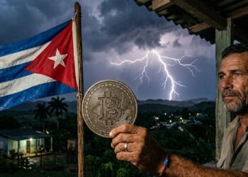 Un hombre sosteniendo una moneda física de bitcoin en la mano, junto a la bandera de Cuba a un lado y un rayo cayendo en el fondo.
