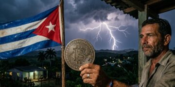Un hombre sosteniendo una moneda física de bitcoin en la mano, junto a la bandera de Cuba a un lado y un rayo cayendo en el fondo.