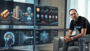 En primer plano, Ignacio Aguirre Franco; en el fondo: imágenes genéricas de tokenización, inteligencia artificial y criptomonedas.