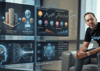 En primer plano, Ignacio Aguirre Franco; en el fondo: imágenes genéricas de tokenización, inteligencia artificial y criptomonedas.