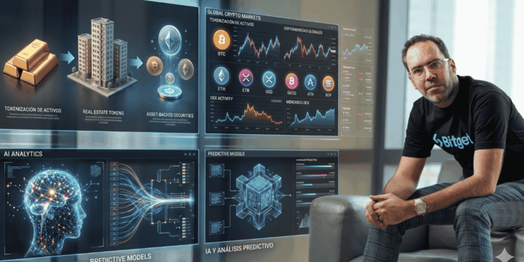En primer plano, Ignacio Aguirre Franco; en el fondo: imágenes genéricas de tokenización, inteligencia artificial y criptomonedas.