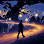 Un mapa mundi se observa con monedas de bitcoin sobre él en varios continentes y un hombre con libreta en mano camina en medio de la imagen simulando ser un periodista.