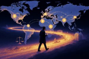 Un mapa mundi se observa con monedas de bitcoin sobre él en varios continentes y un hombre con libreta en mano camina en medio de la imagen simulando ser un periodista.