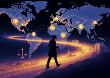 Un mapa mundi se observa con monedas de bitcoin sobre él en varios continentes y un hombre con libreta en mano camina en medio de la imagen simulando ser un periodista.