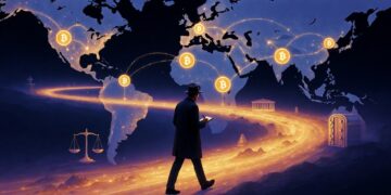 Un mapa mundi se observa con monedas de bitcoin sobre él en varios continentes y un hombre con libreta en mano camina en medio de la imagen simulando ser un periodista.