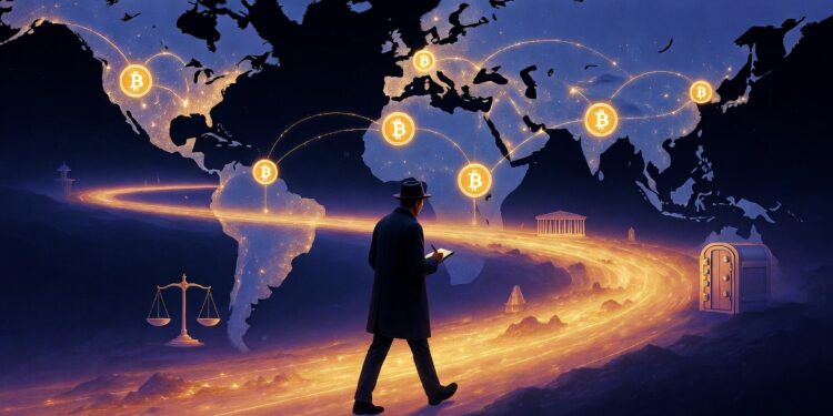 Un mapa mundi se observa con monedas de bitcoin sobre él en varios continentes y un hombre con libreta en mano camina en medio de la imagen simulando ser un periodista.