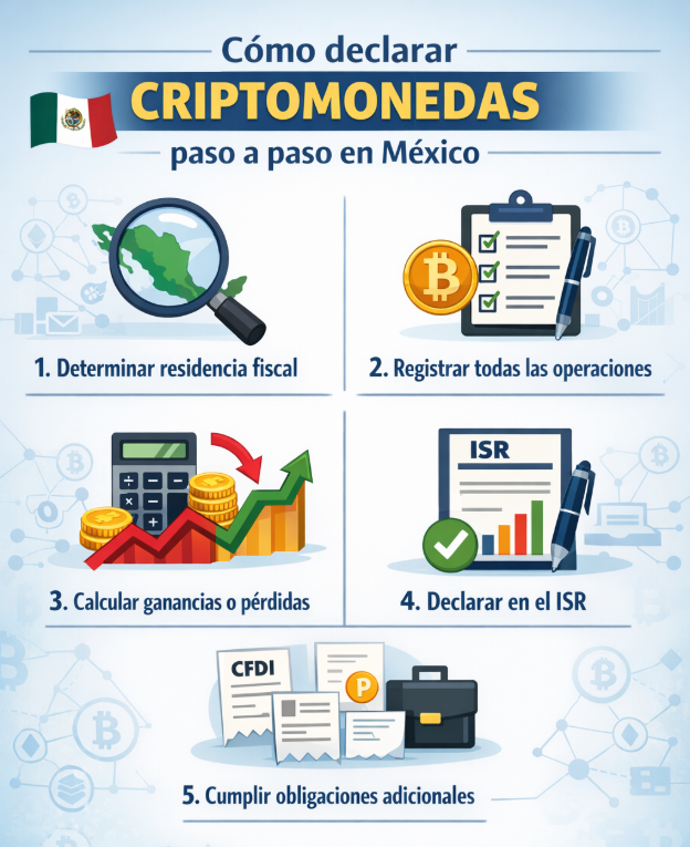 Infografía que describe con gráficos los diferentes pasos para declarar criptomonedas en México.