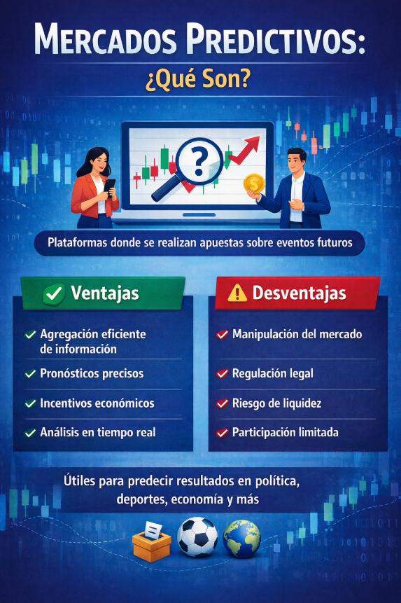 Infografía que compara ventajas y desventajas de los mercados predictivos en dos columnas.