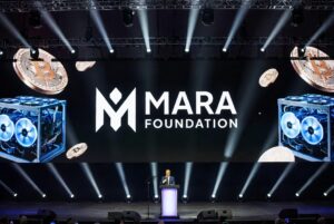 Representación del anuncio del lanzamiento de la fundación MARA en la que se observa un escenario y una persona dirigiéndose al público.