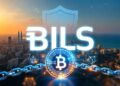 El nombre BILS de la stablecoin aparece dominando la imagen con una panorámica de Tel Aviv en el fondo.