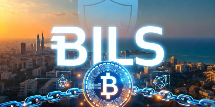 El nombre BILS de la stablecoin aparece dominando la imagen con una panorámica de Tel Aviv en el fondo.