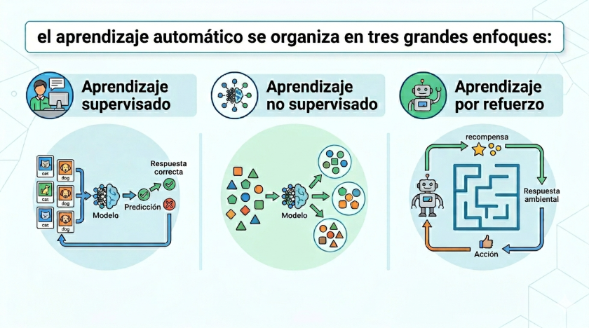infografía con los tres grandes enfoques del aprendizaje automático: supervisado, no supervisado y por refuerzo. Cada uno con un gráfico.