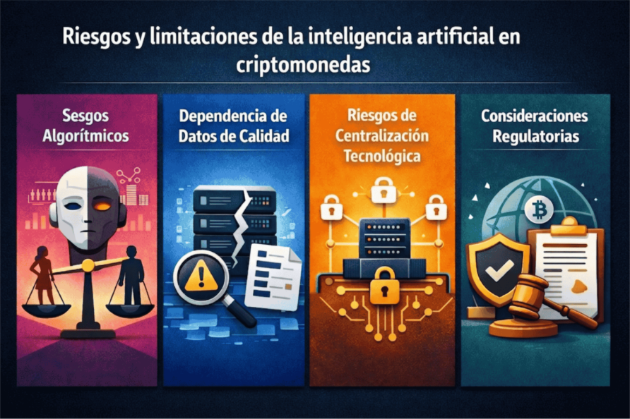 Infografía que menciona los riesgos de la inteligencia artificial: sesgos, dependencia de datos, riesgos de centralización y regulaciones. Un gráfico para cada una de ellas.