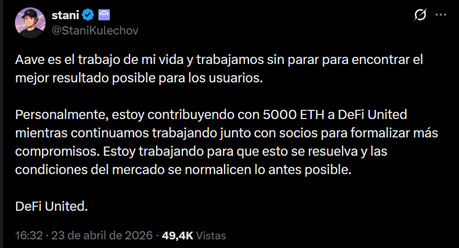 Captura de pantalla que muestra la posiciรณn de Stani Kulechov, dundador de Aave.