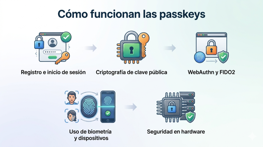 Infografía sobre funcionamiento de passkeys. Organizada en dos filas con iconos de seguridad (llaves, biometría, chips) que explican el flujo desde el registro hasta la seguridad en hardware en un estilo tecnológico moderno.
