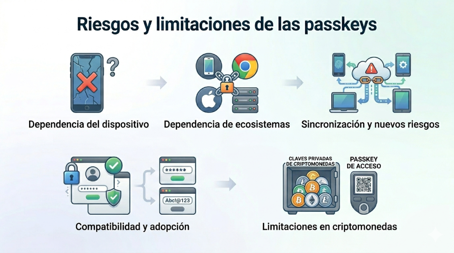 Infografía minimalista sobre riesgos de las passkeys, mostrando iconos de dependencia técnica, retos de adopción y su distinción frente a las claves privadas de criptomonedas.