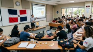 Salรณn de clases con universitarios, bitcoin alrededor y la bandera de Repรบblica Dominicana.
