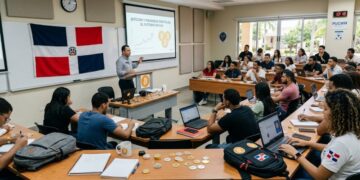 Salón de clases con universitarios, bitcoin alrededor y la bandera de República Dominicana.