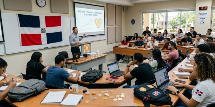 Salón de clases con universitarios, bitcoin alrededor y la bandera de República Dominicana.