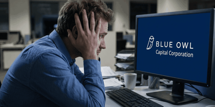 Una persona sentada frente a una computadora, se toma la cabeza con sus manos. En el monitor de computadora se ve el logo de la empresa Blue Owl