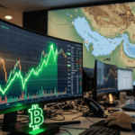Una oficina de trading con un monitor curvo en primer plano que destaca un gráfico de velas verdes ascendiendo verticalmente, simbolizando una subida rápida de Bitcoin (representado por un logo de neón). Al fondo, una gran pantalla proyecta un mapa detallado del Estrecho de Ormuz. Un analista trabaja frente a los equipos en una atmósfera tecnológica y tensa.
