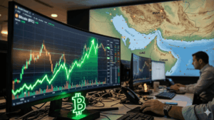 Una oficina de trading con un monitor curvo en primer plano que destaca un gráfico de velas verdes ascendiendo verticalmente, simbolizando una subida rápida de Bitcoin (representado por un logo de neón). Al fondo, una gran pantalla proyecta un mapa detallado del Estrecho de Ormuz. Un analista trabaja frente a los equipos en una atmósfera tecnológica y tensa.