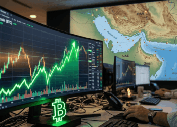 Una oficina de trading con un monitor curvo en primer plano que destaca un gráfico de velas verdes ascendiendo verticalmente, simbolizando una subida rápida de Bitcoin (representado por un logo de neón). Al fondo, una gran pantalla proyecta un mapa detallado del Estrecho de Ormuz. Un analista trabaja frente a los equipos en una atmósfera tecnológica y tensa.