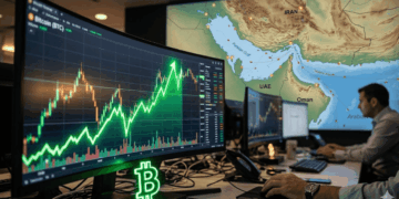 Una oficina de trading con un monitor curvo en primer plano que destaca un gráfico de velas verdes ascendiendo verticalmente, simbolizando una subida rápida de Bitcoin (representado por un logo de neón). Al fondo, una gran pantalla proyecta un mapa detallado del Estrecho de Ormuz. Un analista trabaja frente a los equipos en una atmósfera tecnológica y tensa.