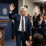 Jerome Powell saludando a periodistas y funcionarios.