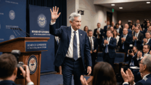 Jerome Powell saludando a periodistas y funcionarios.